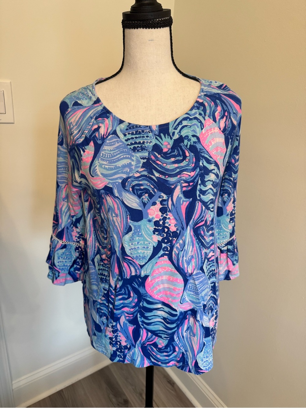 Lilly Pulitzer Blue Pink Abstract Shell-Print Scoop Neck Tunic